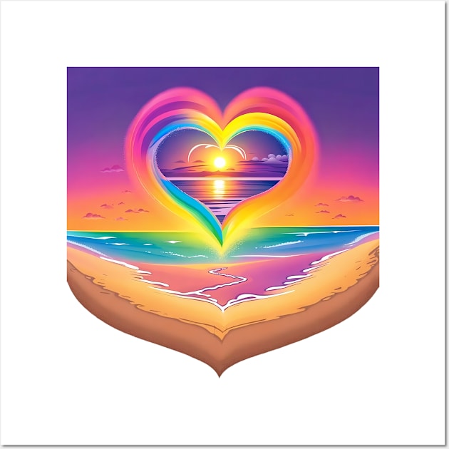 Rainbow Beach Walk Heart Sunset Tee - Haloed Footsteps Wall Art by trubble